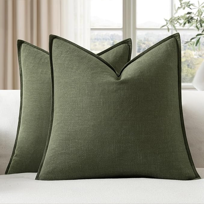 EMEMA Decorative Linen Throw Pillow Covers 24x24 Inch Dark Olive Green Boho by EMEMA