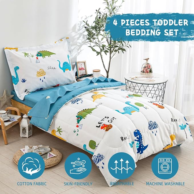 DJY Cotton Toddler Bedding Set for Boys Girls, 4 Pieces Dinosaur Toddler Bed - Image 2