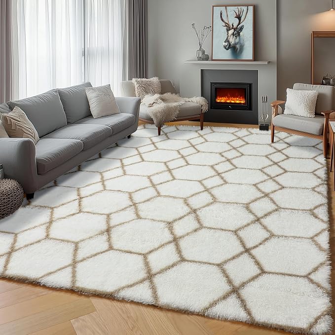 ONASAR Rugs for Living Room Bedroom, 5x8 Washable Fluffy White and Beige Area by ONASAR