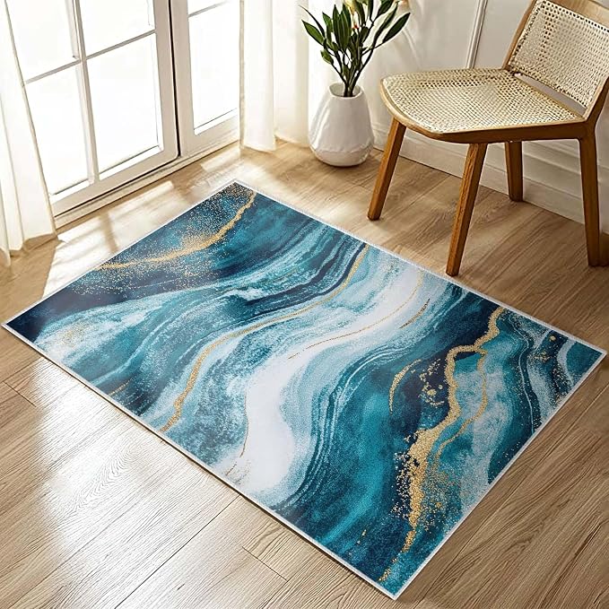 2x3 Abstract Entryway Area Rug Blue White Golden Bathroom Rug Non Slip Machine - Image 3