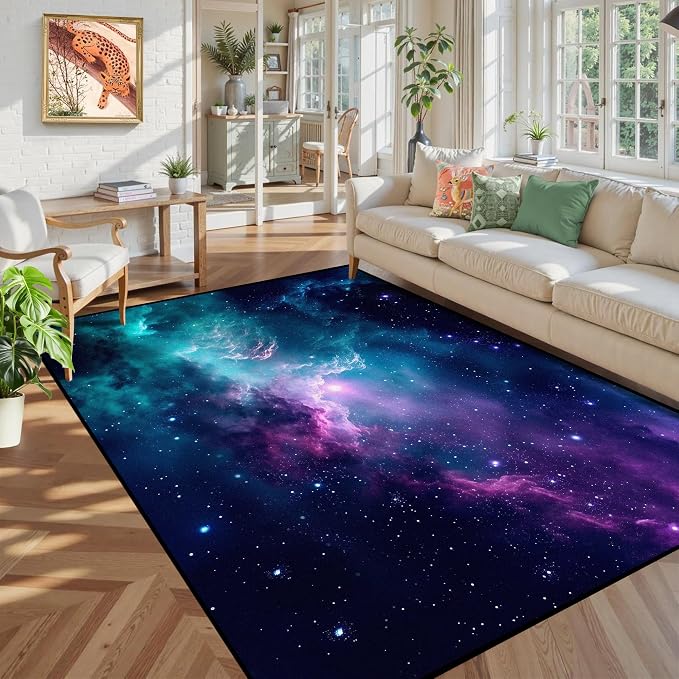5' X 7' Galaxy Area Rug Dark Blue Starry Sky Carpets - Image 4