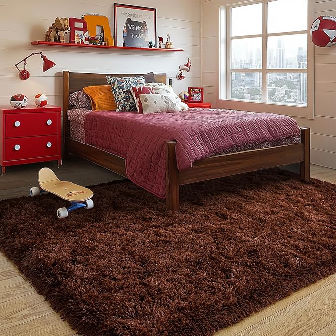 Brown Plush Rug for Living Room Fuzzy Carpet for Bedroom Dorm, Non-Slip High - Image 5