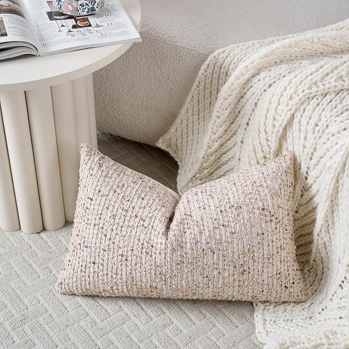 Striped Throw Pillow Covers 12x20 Set of 2 Beige Textured Boucle Chic Morden - Image 5