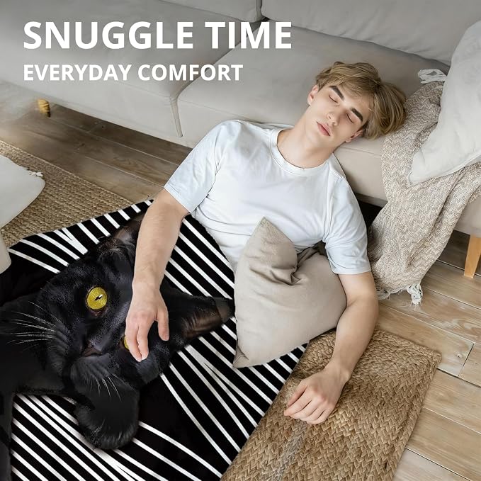 Funny Black Cat Blanket, Funny Cats Black and White Striped Throw Blankets - Image 2
