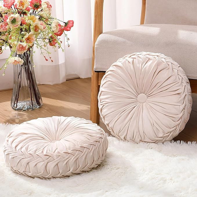 2 Pcs Round Throw Pillows 15 Inch Decorative Velvet Pleated Pumpkin Floor Boho - Image 4