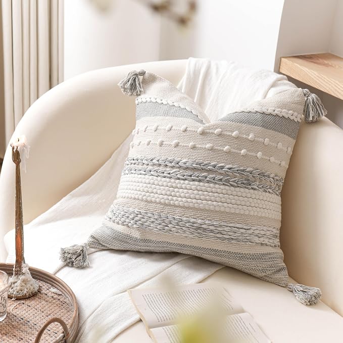 BlissBlush Gray Boho Decorative Throw Pillow Cover 18x18 Square Farmhouse - Image 8