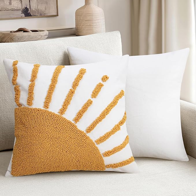 Adabana Boho Decorative Yellow Throw Pillow Covers 20x20, Tufted Sun Pillow - Image 4