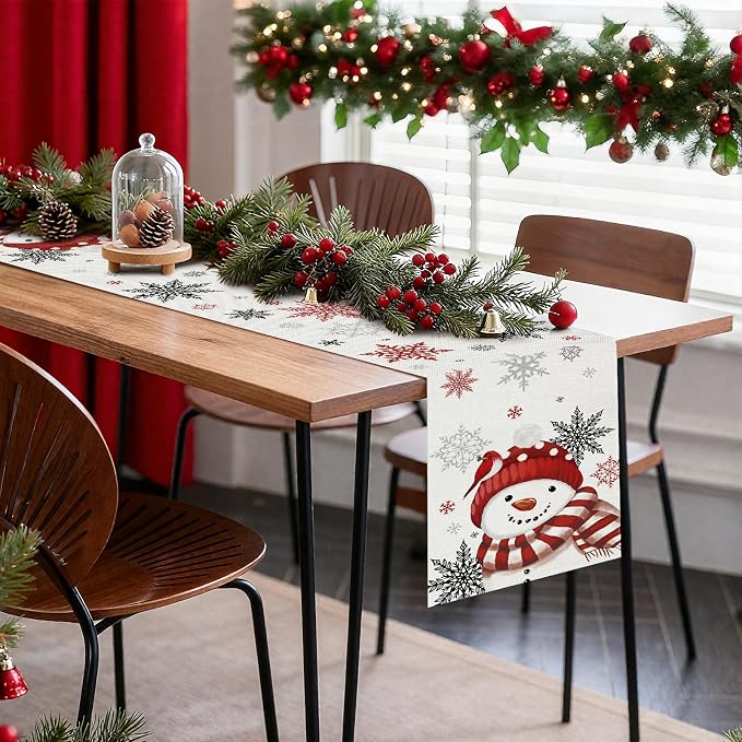 OTOSTAR Snowflakes and Red Snowman Christmas Table Runner, Xmas Seasonal Winter - Image 7