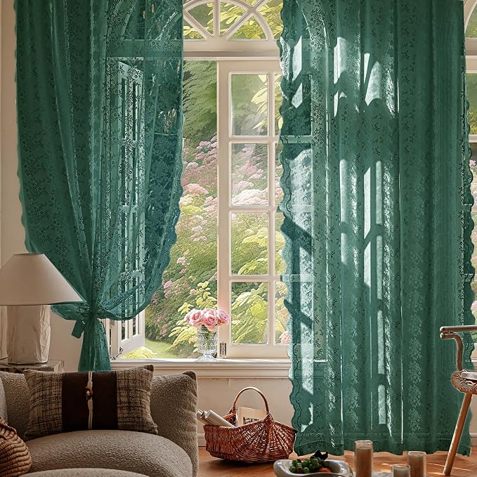 Anmao Vintage Lace Curtains 96 Inches Long 2 Panels, Romantic Semi Sheer Floral - Image 5