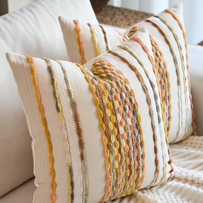 Aeckself Boho Pillow Covers 18x18 Inch Set of 2, Farmhouse Decorative Striped - Image 2