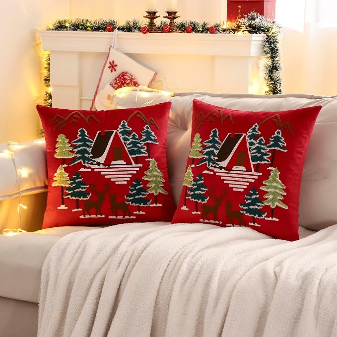 LUOYEHK Red Christmas Pillow Covers 18x18 Set of 2 House and Deer Decorative - Image 2