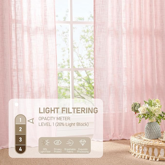 LAMIT Pink Linen Curtains 54 Inch Length 2 Panels, Light Filtering Panels Back - Image 4