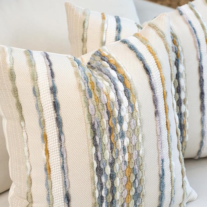 Aeckself Boho Pillow Covers 18x18 Inch Set of 2, Farmhouse Decorative Striped - Image 2