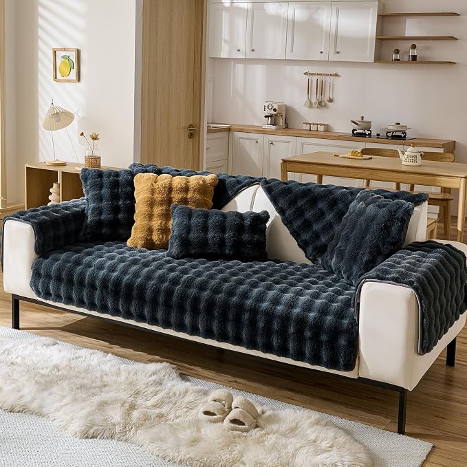 Faux Fur Couch Cover Fuzzy Soft Plush Thick Bubble Sofa Cover Luxury Sectional - Image 3