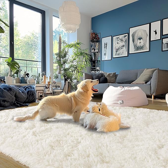 Cream White Plush Rug for Living Room Fuzzy Carpet for Bedroom Dorm, Non-Slip - Image 5