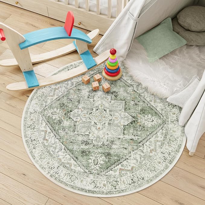 LIVEBOX Sage Green Round Rug 4ft, Vintage Tribal Circle Rugs - Image 2