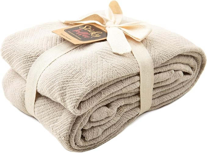 Sticky Toffee Cotton Throw Blanket, 60 x 50 Inch, Tan Beige Herringbone Weave - Image 7
