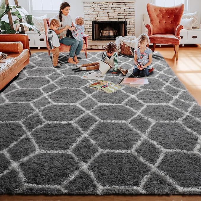 ONASAR Area Rugs for Living Room Bedroom, 5x8 Washable Fluffy Grey and White Rug - Image 7