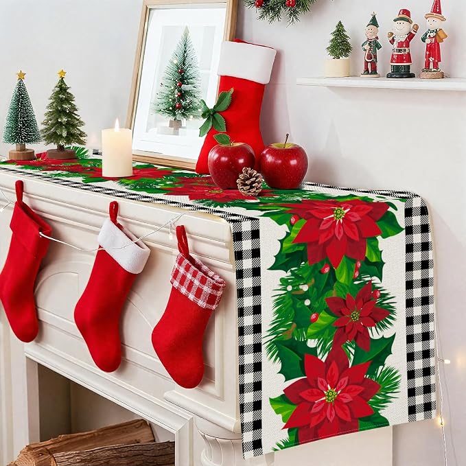 OTOSTAR Black and White Buffalo Check Plaid Holly Christmas Flowers Table Runner - Image 4