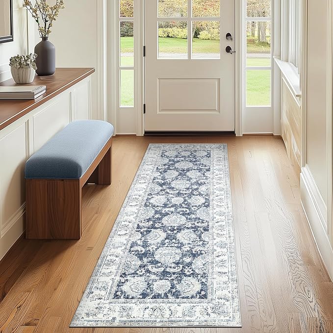 jinchan Fiora Runner Rug 2x6 Machine Washable Hallway Rug Dark Blue Vintage by JINCHAN