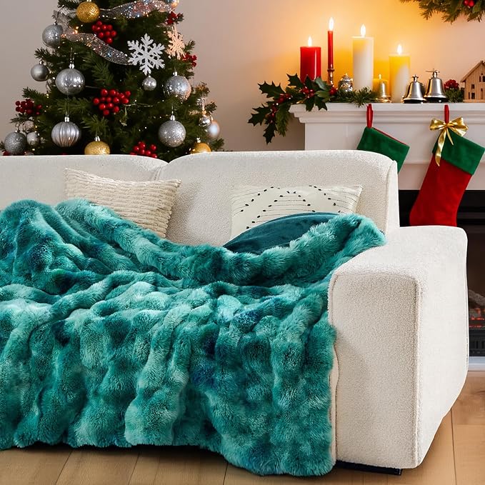 Lotus Karen Faux Fur Throw Blanket Tie-Dye Green-Big Bubble Rabbit Fluff Blanket - Image 2