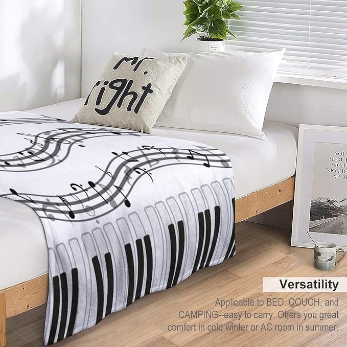 Music Blanket Black White Piano Keys Music Note Modern Abstract Art Print Soft - Image 3