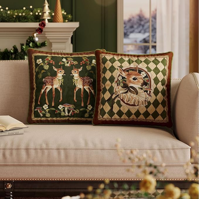 Grandmillennial Holly Deer Green Pillow Cover, Velvet Euro Sham Covers - Image 9