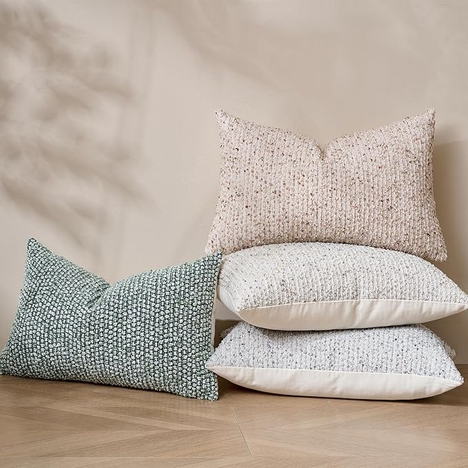 Striped Throw Pillow Covers 12x20 Set of 2 Cream Grey Textured Boucle Chic - Image 5