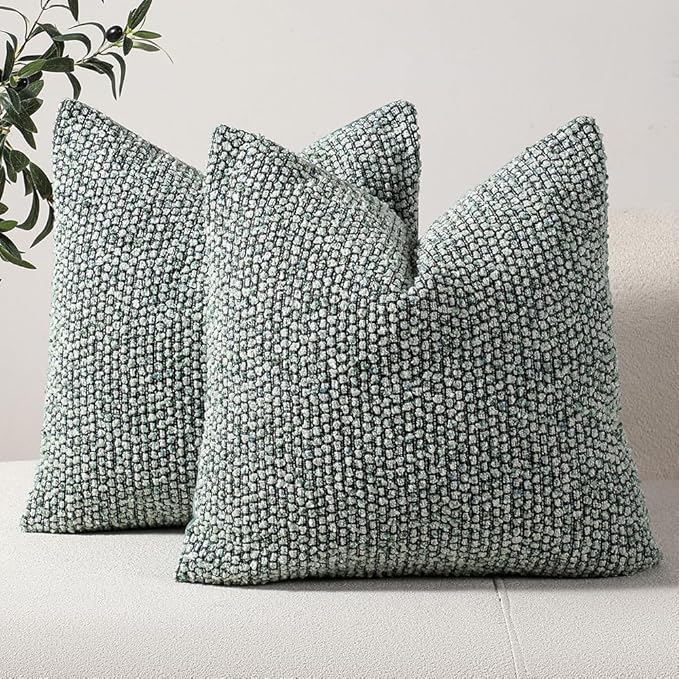 Striped Euro Sham Pillow Covers 26x26 Set of 2 Green Textured Boucle Chic by DEZENE