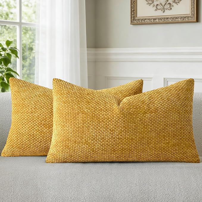 a moment Fall Mustard Yellow Chenille Throw Pillow Covers 12x20 Inch Pack of 2 by amoment