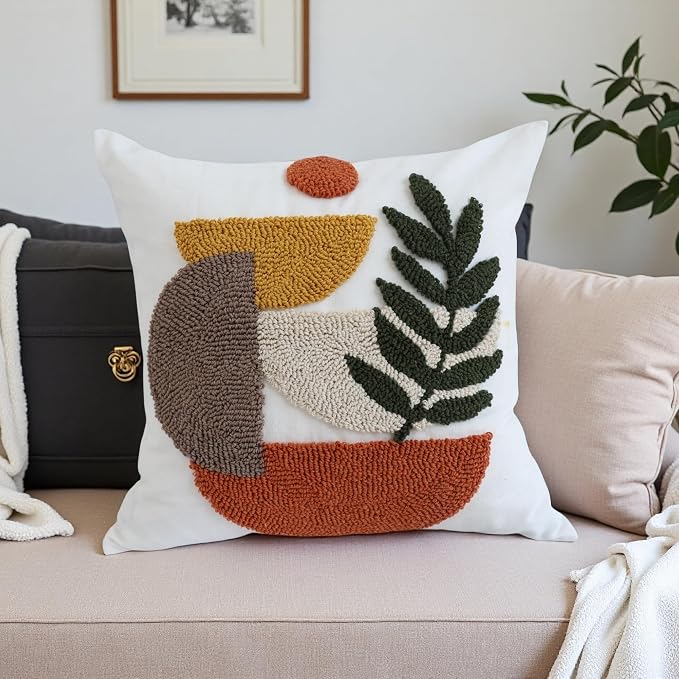 Boho Accent Pillow Covers 18x18- Tufted Abstract Modern Square Throw Pillow by QoBeximPillowCover
