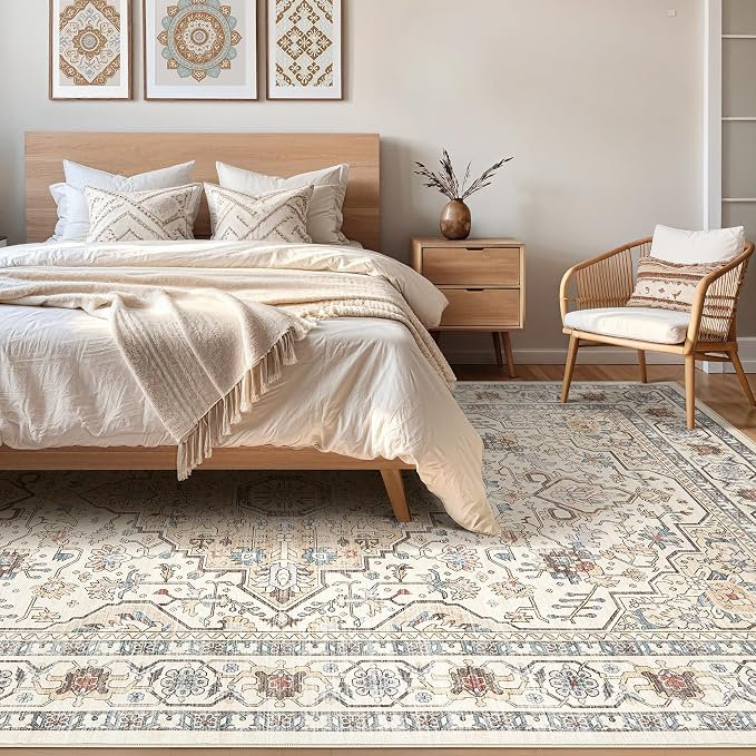 6x8 Area Rug Living Room: Washable Boho Large Neutral Vintage Soft Rugs Stain - Image 4