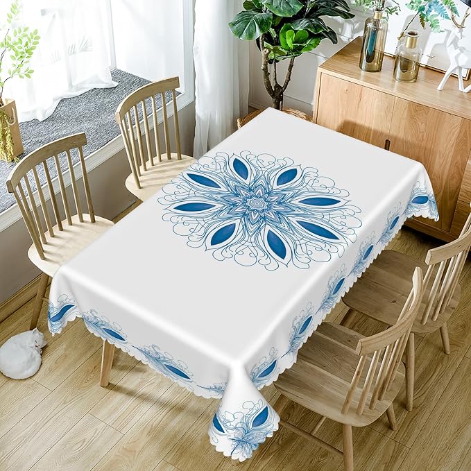 54x120inches Boho Floral Print Tablecloth Blue White Bohemian Floral Pattern - Image 5
