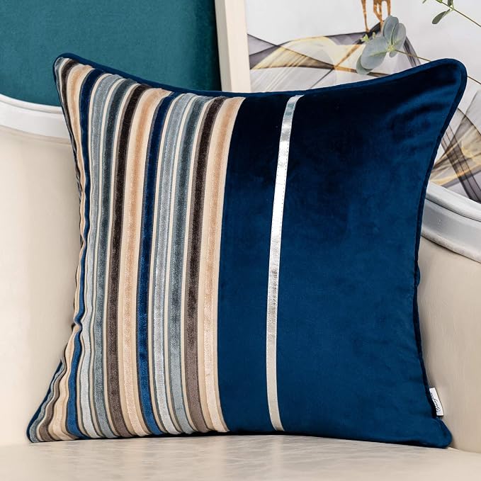 Yangest Navy Striped Patchwork Throw Pillow Cover Silver Leather Cushion Cover by Yangest