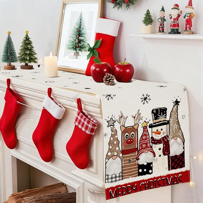 OTOSTAR Gnomes Snowman Elk Merry Christmas Table Runner, Xmas Seasonal Winter - Image 4