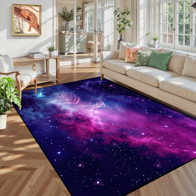 5' X 7' Purple Galaxy Rug Space Rugs Colorful Throw Rug Non-Slip Sun and Cloud - Image 7
