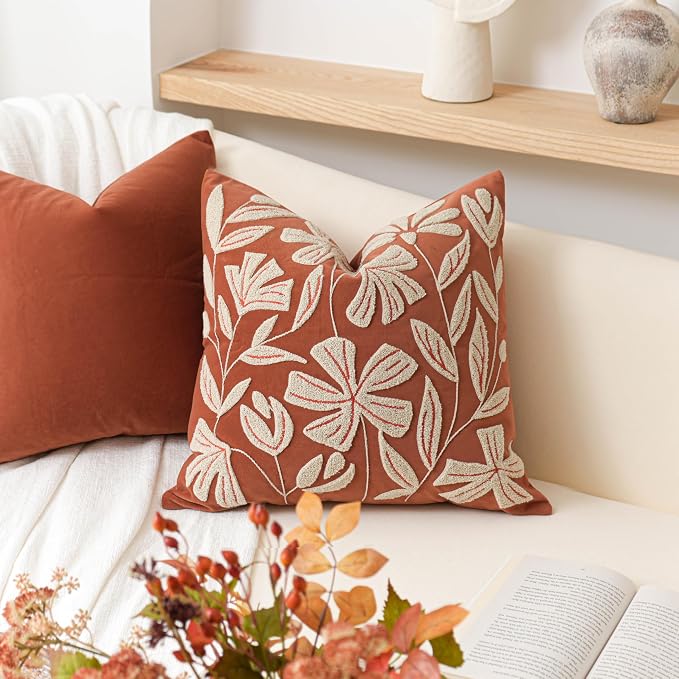 BlissBlush Fall Throw Pillow Cover 20x20, Rust Brick Red Soft Velvet Floral by BlissBlush