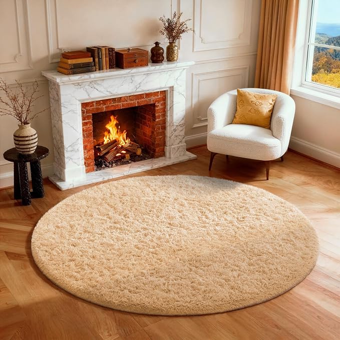 Ophanie Round Rug 4Ft Beige Circle Area Rug, Fluffy Fuzzy Small Bedroom Carpet by Ophanie