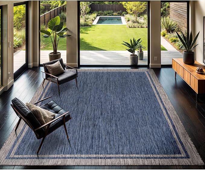 CAMILSON Outdoor Rug, 8x10 Bordered Navy Blue Gray Modern Area Rugs - Image 6