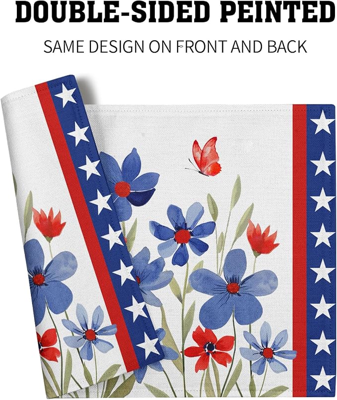 Giwawa 4th of July Placemats Set of 4 Watercolor Patriotic Flowers Stars Table - Image 4