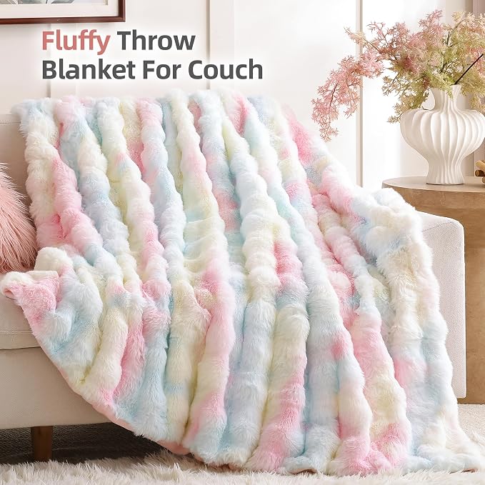 Smoofy Faux Fur Throw Blanket for Couch – Rainbow Fluffy Cozy Rabbit Fleece - Image 3