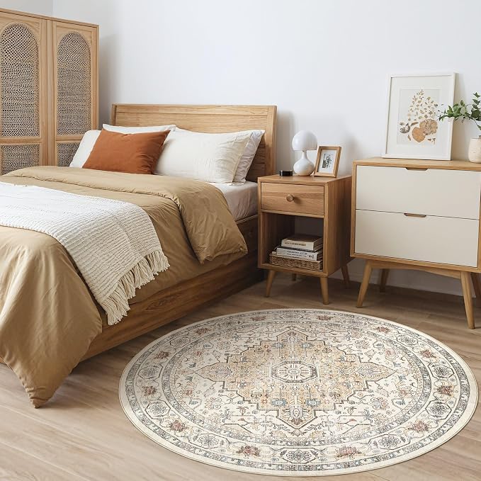 Round Rug Living Room Rugs: 6Ft Washable Boho Neutral Large Circle Soft Indoor - Image 4