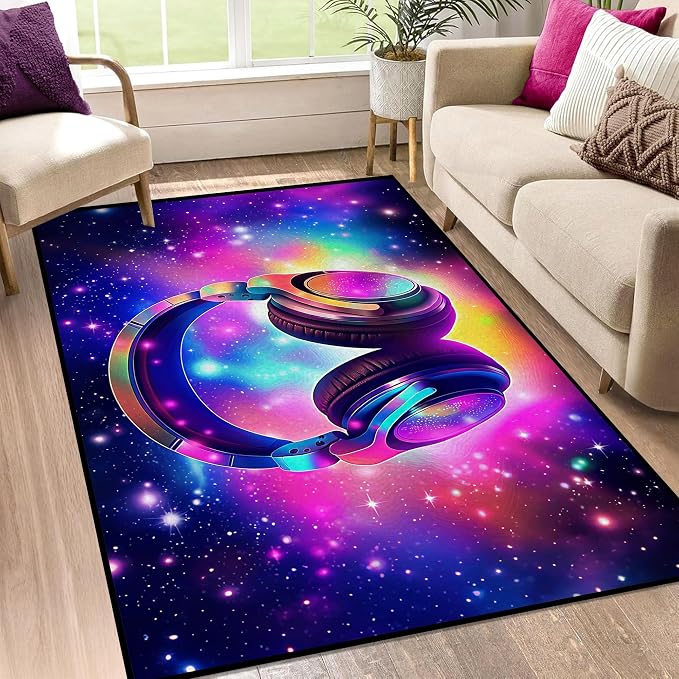 Galaxy Game Area Rug Music Headphone Rugs Colorful Throw Rug Non-Slip Carpet - Image 7
