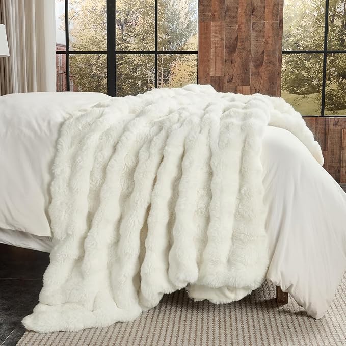 Lotus Karen Faux Fur Throw Blanket Cream White - Image 5