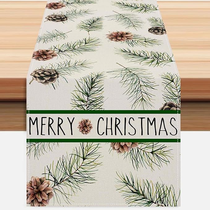 Pine Cones Christmas Table Runner 13x72 Inch Winter Pinecone Branches Merry by ZCHOMI