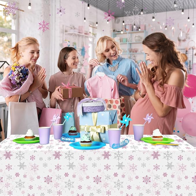 3 Pcs Christmas Snowflake Party Tablecloths Decorations, Plastic Pink Winter - Image 7