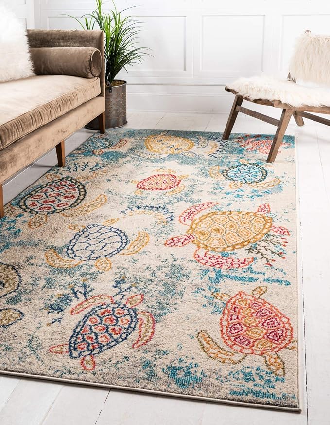 Unique Loom Positano Collection Coastal Modern Turtles Beige Area Rug by UniqueLoom