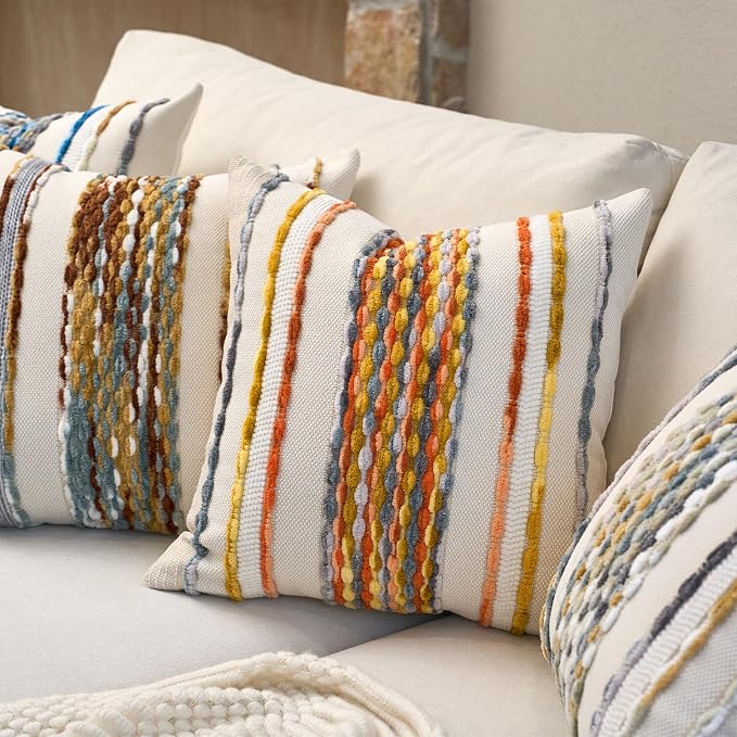 Aeckself Boho Pillow Covers 18x18 Inch Set of 2, Farmhouse Decorative Striped - Image 4