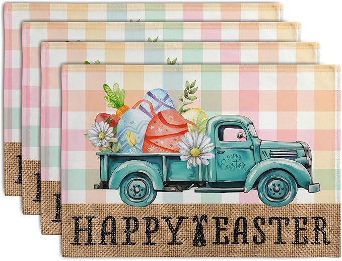 Happy Easter Placemats Set of 4 Pink Yellow Blue Buffalo Plaid Truck Eggs Daisy by Wnoesat