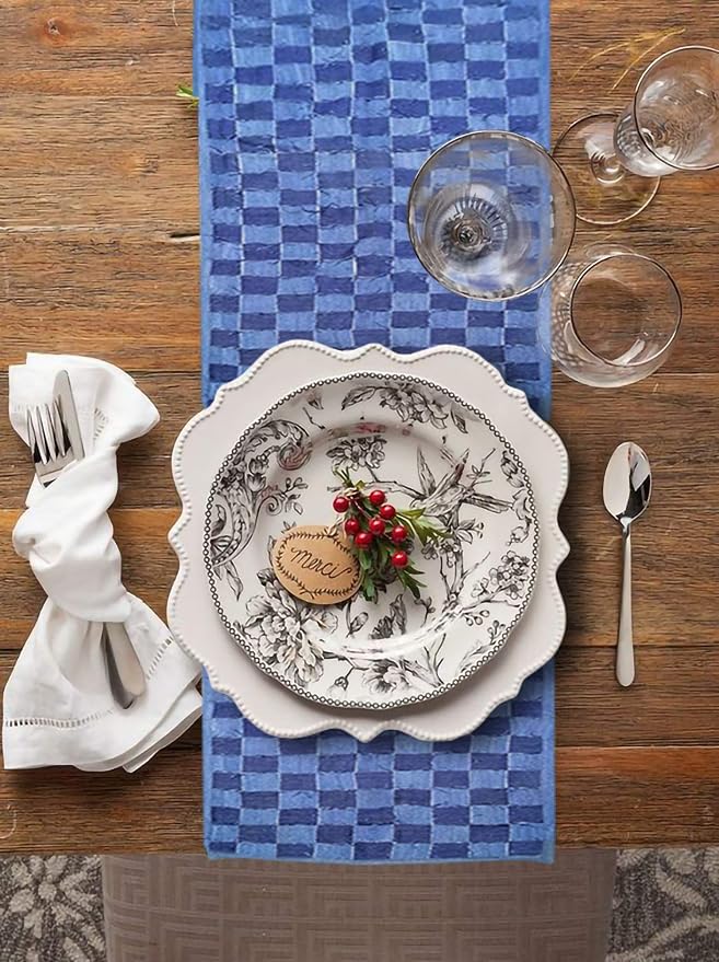 AAYU Denim Table / Bed Runner, Hand Fringed Tape Hand Weaved | 18 Inch X 108 - Image 5